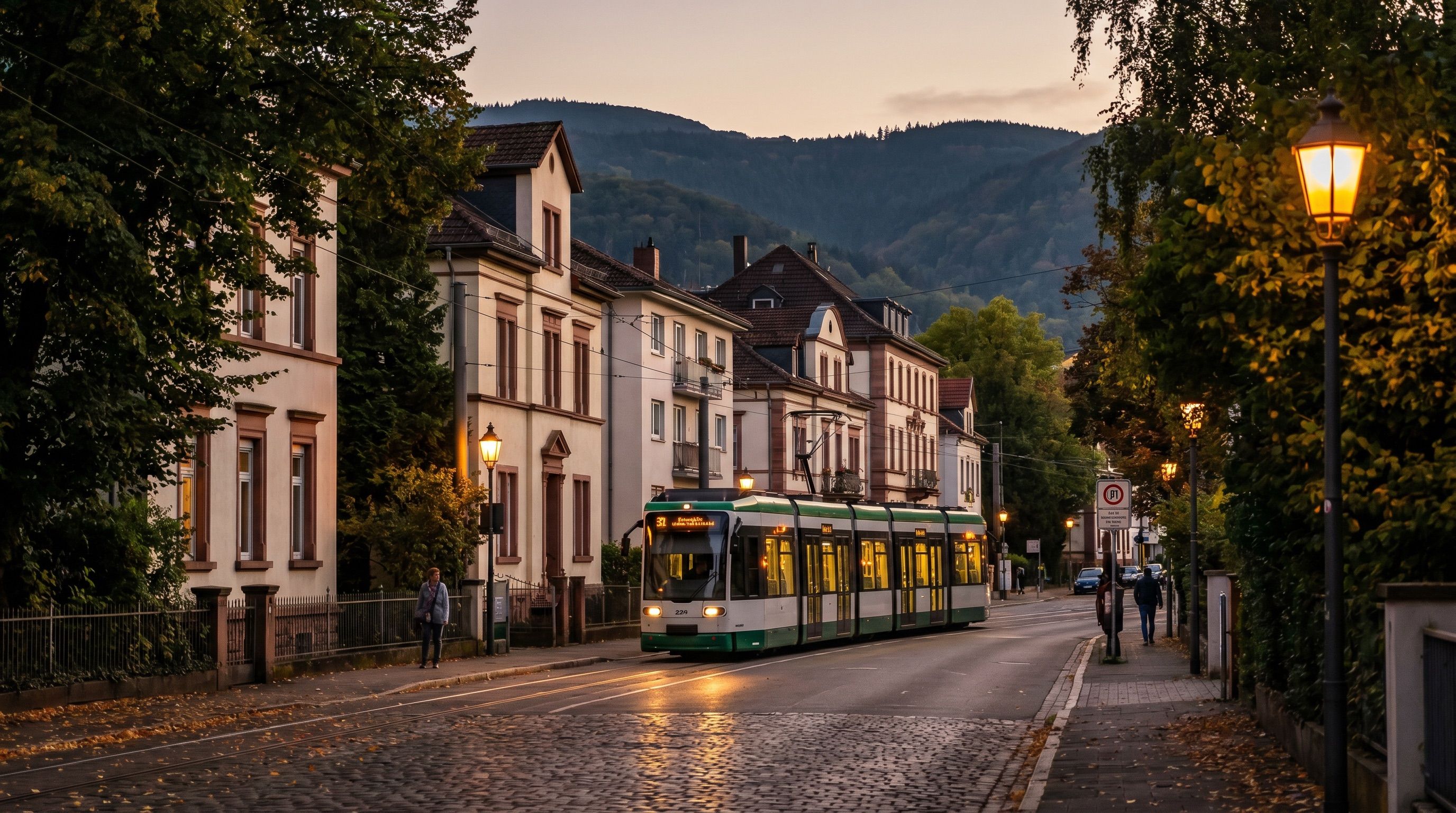 Heidelberg-Rohrbach am Abend mit Straßenbahn